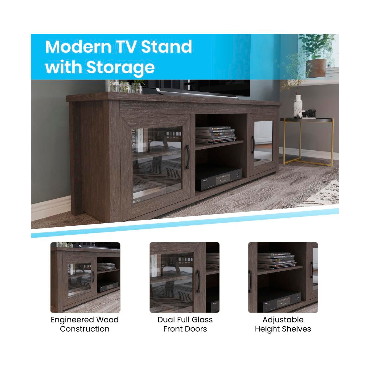 Merrick Lane Galena Traditional Full Glass Door Tv Stand For Up To Tvs