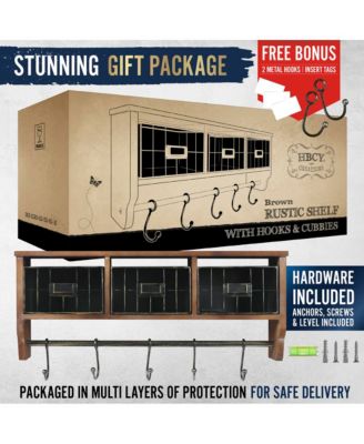 Rustic Coat Rack Wall Mounted Shelf With Hooks & Baskets, Entryway Organizer Wall Shelf With 5 Coat Hooks And Cubbies