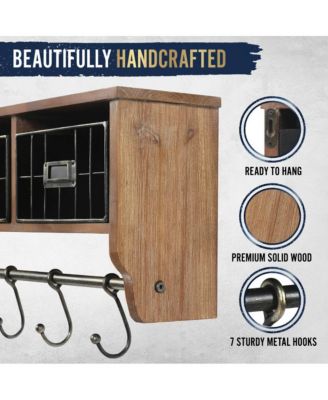 Rustic Coat Rack Wall Mounted Shelf With Hooks & Baskets, Entryway Organizer Wall Shelf With 5 Coat Hooks And Cubbies