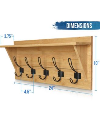 Rustic Wall-Mounted Coat Rack Shelf, 24" Solid Pine Wood with Hooks, Country Style for Entryway, Kitchen & Bathroom