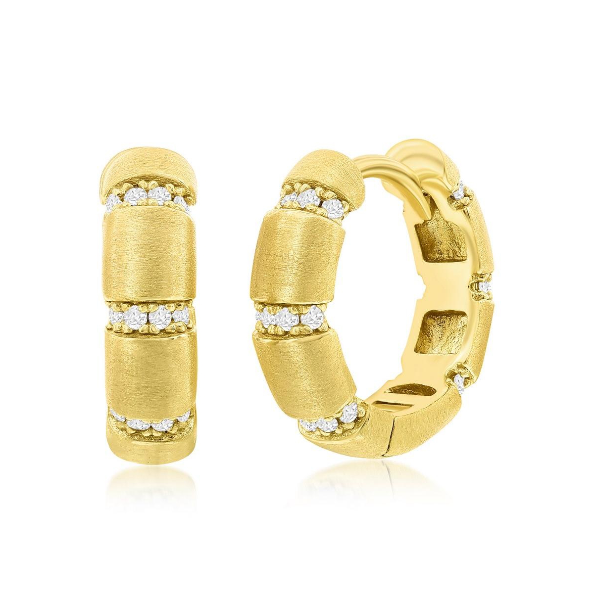 Gold Plated Over Sterling Silver Lined Cz Matte 15mm Hoop Earrings - Gold