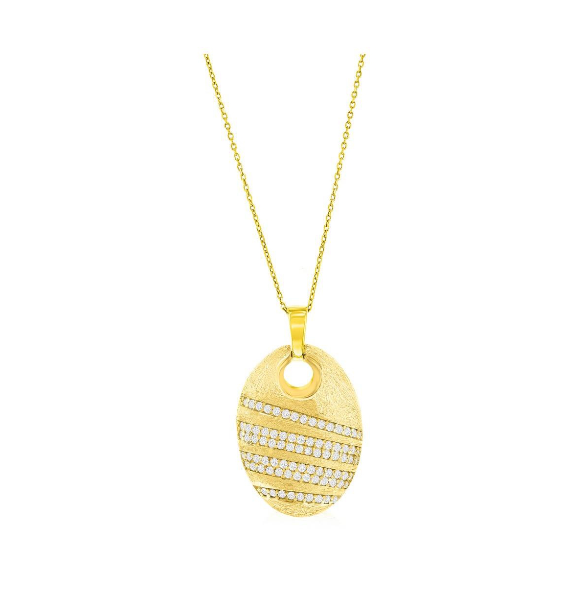 Gold Plated Over Sterling Silver Large Oval Brushed Cz Pendant Necklace - Gold