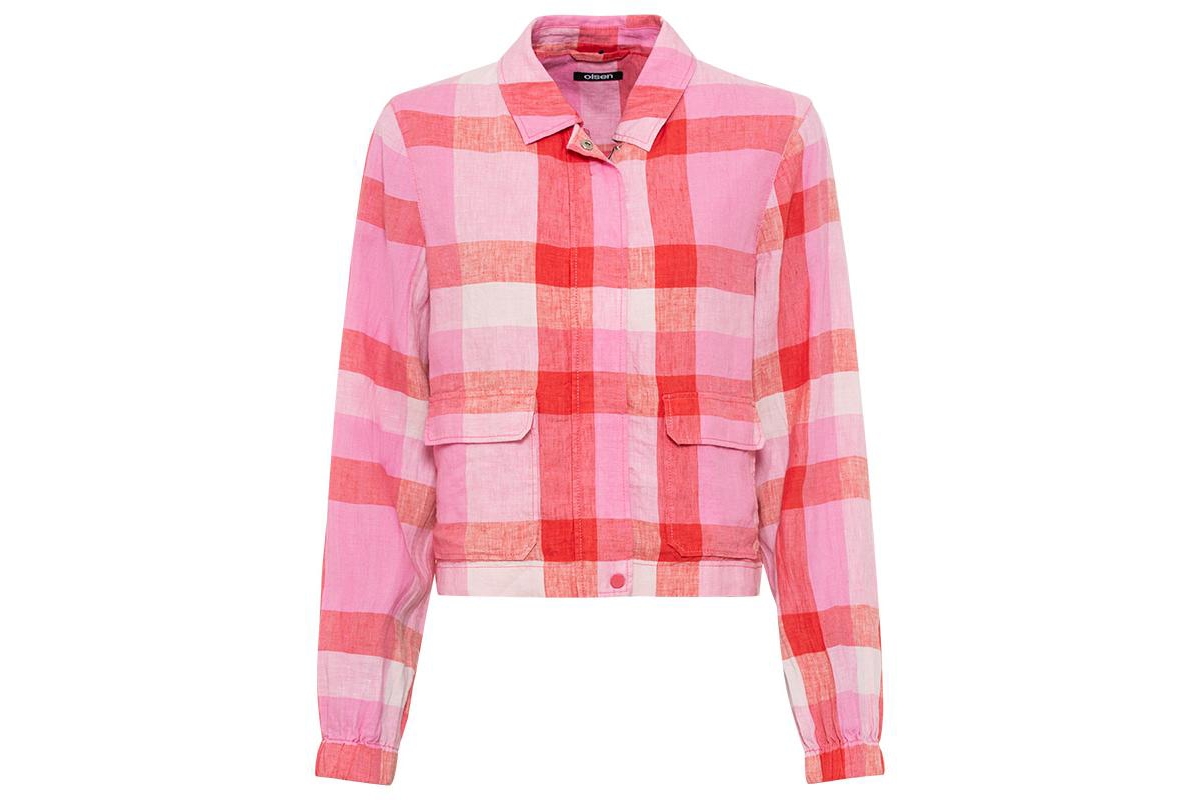 Women's 100% Linen Plaid Cropped Jacket - Paradise pink