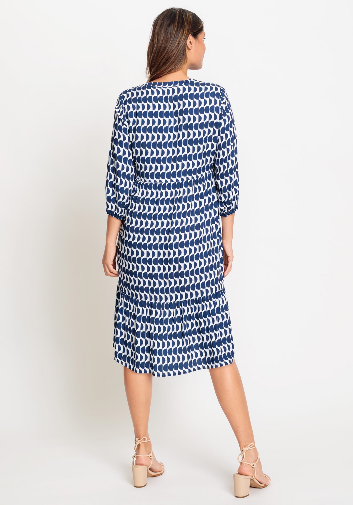 Olsen Women's 100% 3/4 Sleeve Tunic Geo Print Dress with Tiered Hem
