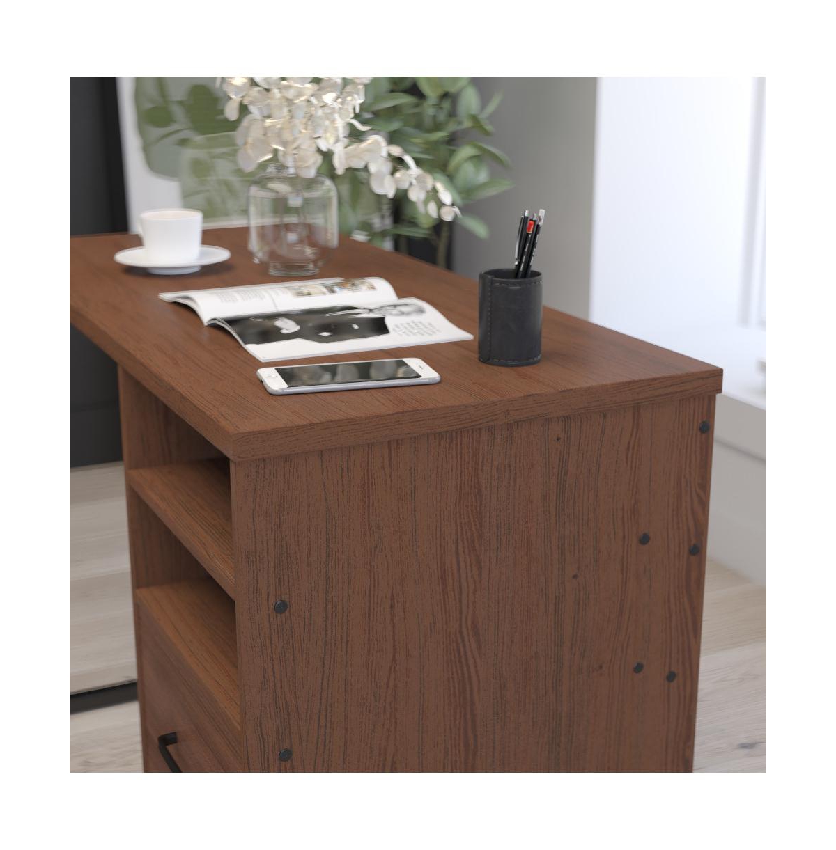 Merrick Lane Brighton Rustic Computer Desk With Shelving And Storage Drawer Metal Frame Pedestal Base Home Office Desk