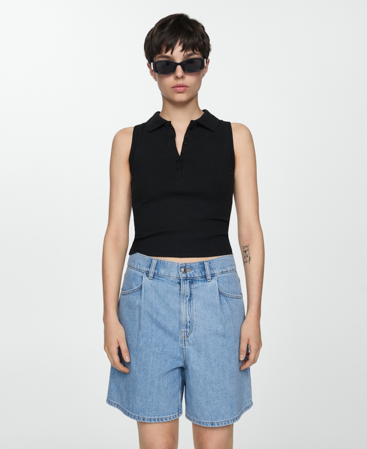 Mango Women's Pleats Detail Denim Shorts