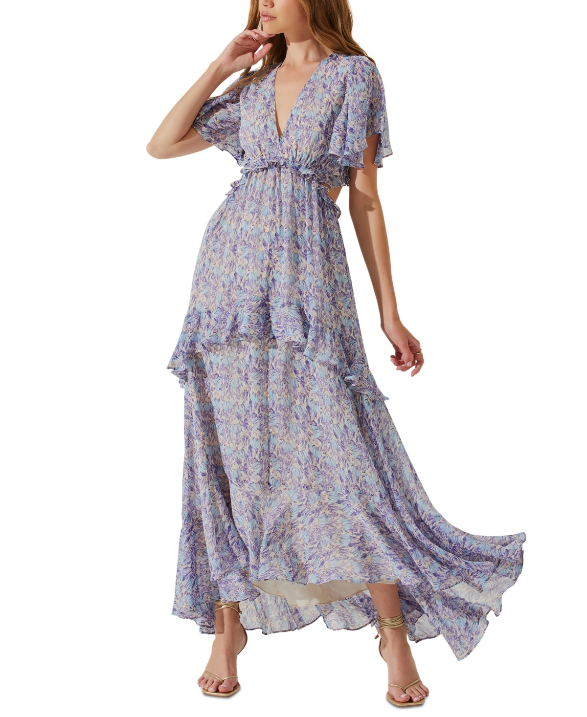 Cherli Ruffled Lace-Up Cutout-Back Maxi Dress - Purple/blue Floral
