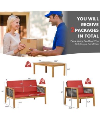 4PCS Patio Acacia Wood Furniture Set PE Rattan Conversation Set w/ Red Cushions