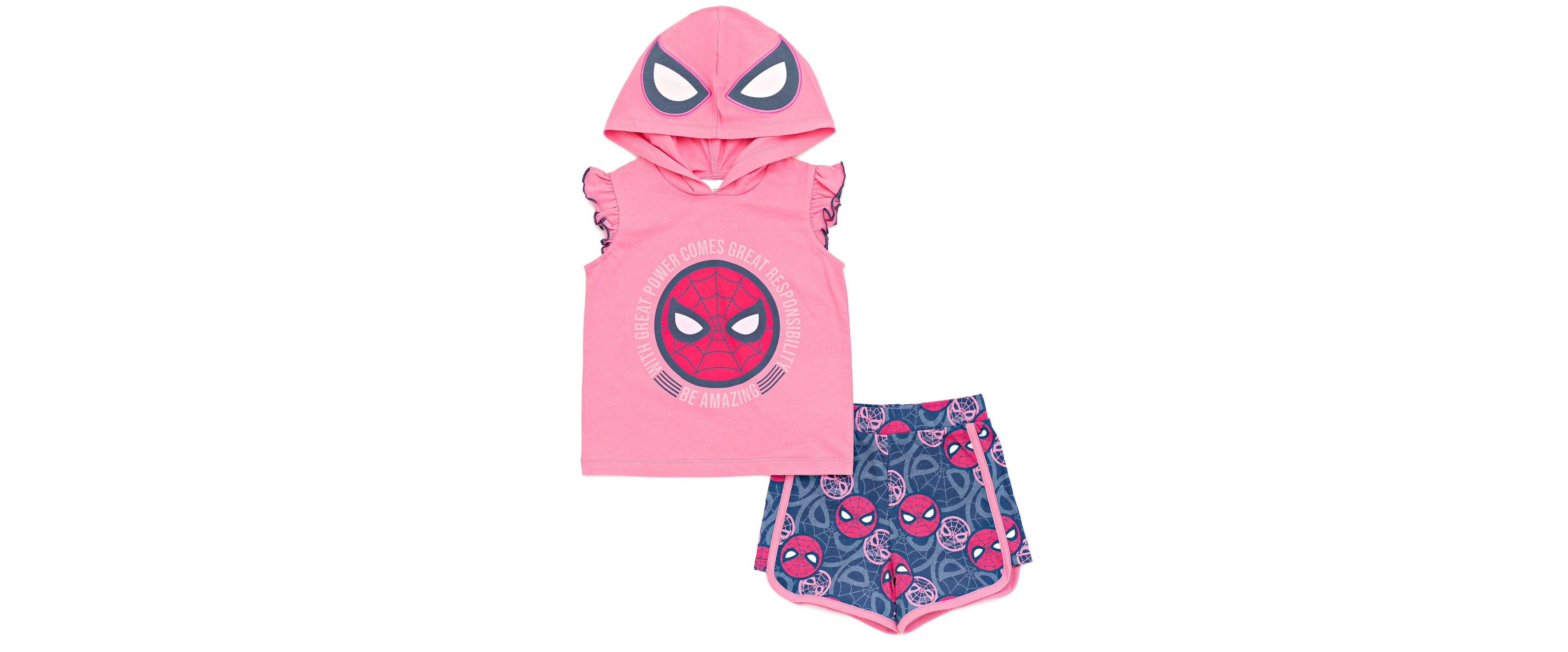 Marvel Little Girls Spider-Man Spider-Gwen Ghost Spider Cosplay Hooded Tank Top & French Terry Shorts Outfit Set to