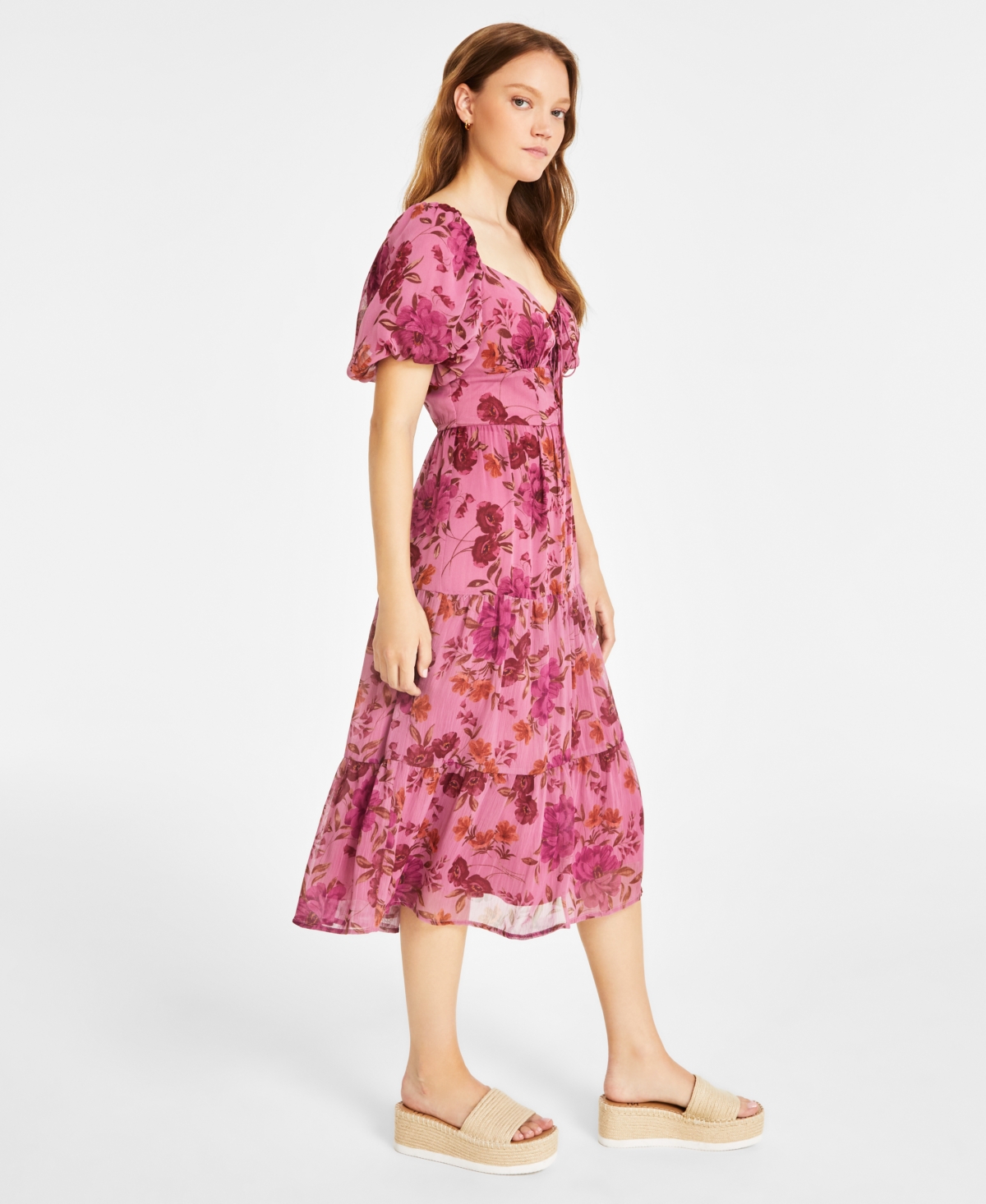 City Studios Juniors' Floral Print Puff-Sleeve Tiered Midi Dress -wine