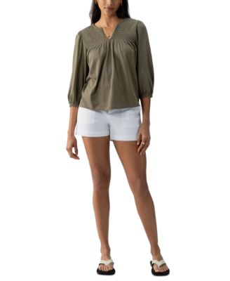 Sanctuary - Women's Cotton Smocked 3/4-Sleeve Split-Neck Top
