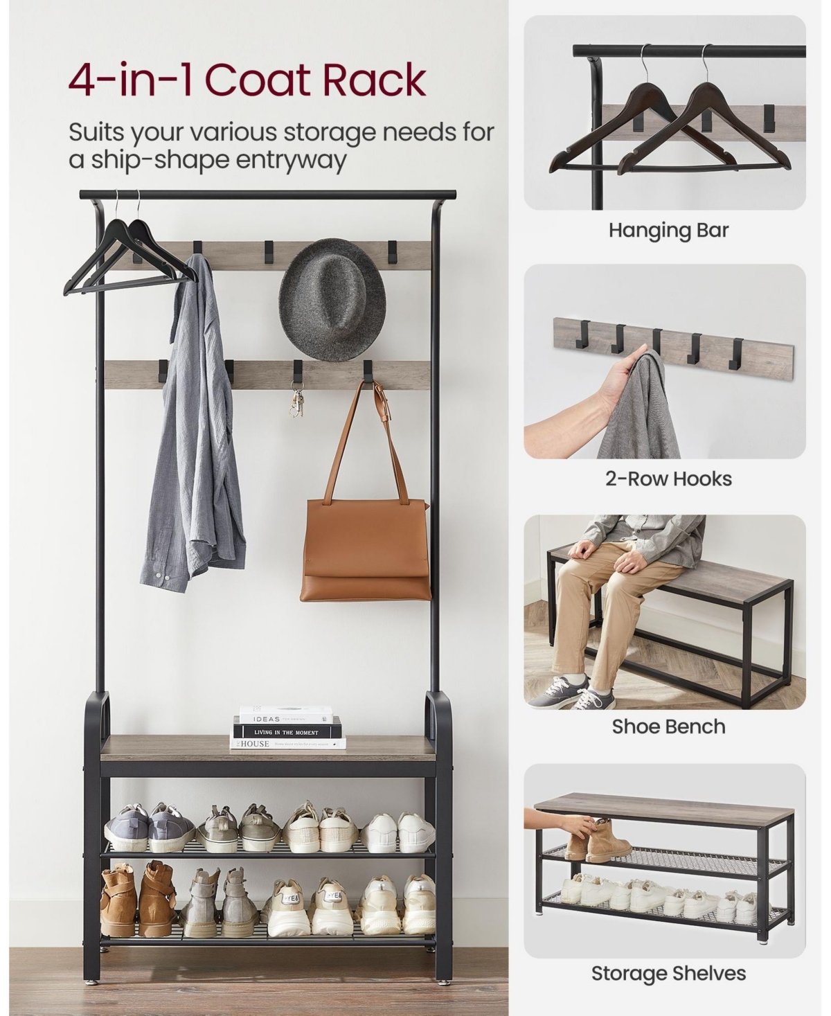 Slickblue Hall Tree With Shoe Bench For Entryway, Industrial Accent Furniture Steel Frame