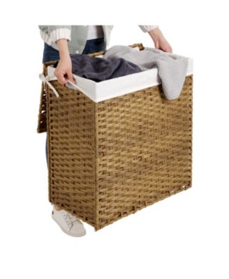 Synthetic Rattan Laundry Hamper with Lid, 2 Sections Removable Liner Bag