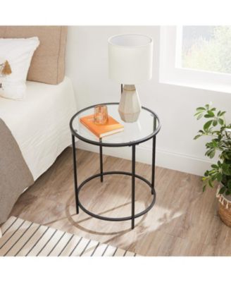 Round Side Table, Glass End Table With Metal Frame, Small Coffee Accent Table Set of 2