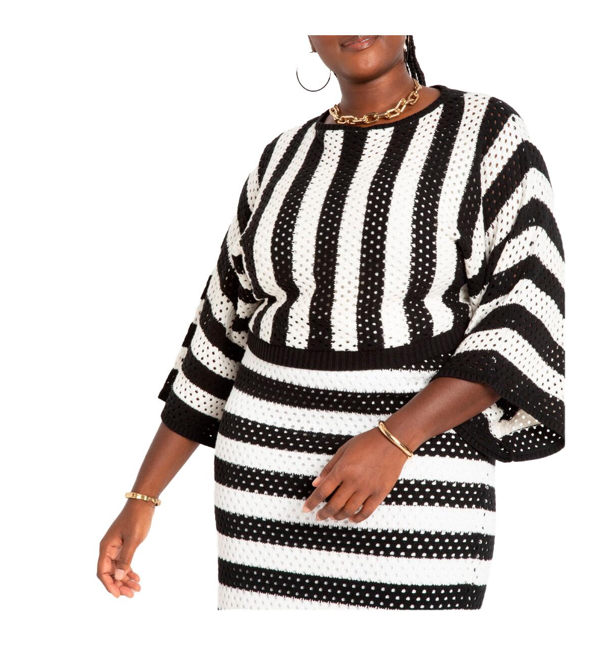 Plus Size Crochet Wide Sleeve Striped Sweater - Black and white black and white