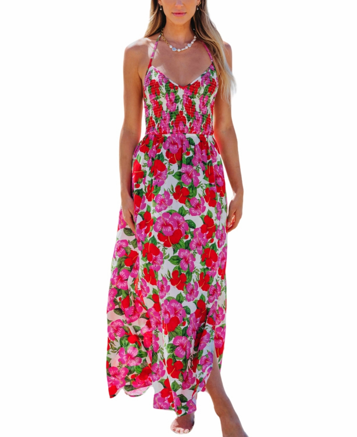 Women's Floral Halterneck Smocked Bodice Maxi Beach Dress - Pink
