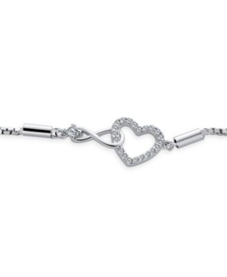Delicate Dainty CZ Accent Infinity Heart Bolo Bracelet Sterling Silver Rhodium Plated Adjustable Slide 7"
