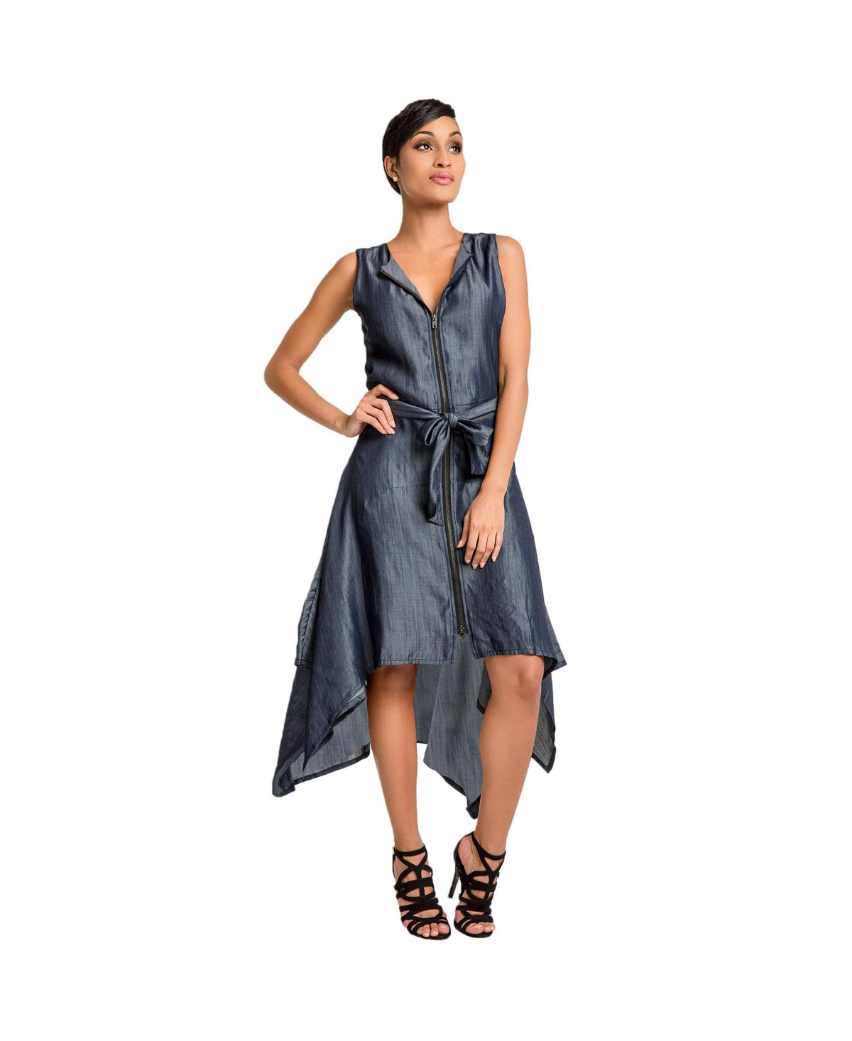 Women's Curvy-Fit Tencel Denim Zip-Up Front Handkerchief Dress - Indigo
