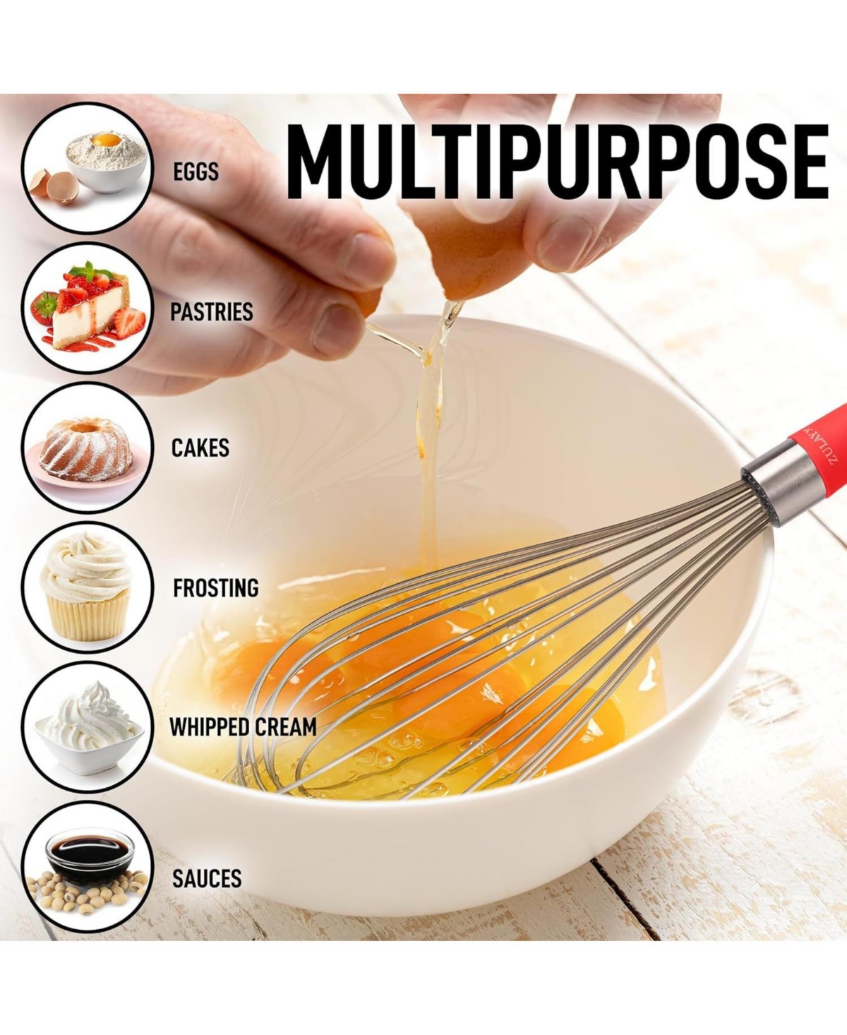 Zulay Kitchen 12-Inch Stainless Steel Whisk - Balloon Whisk Kitchen Tool With Soft Silicone Handle