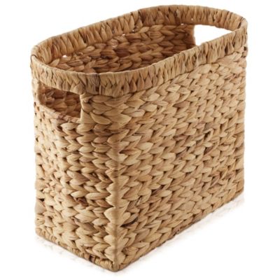 Magazine Holder Basket with Handles, Whitewash - Oval Water Hyacinth Storage Bin for Bathroom, Home Office