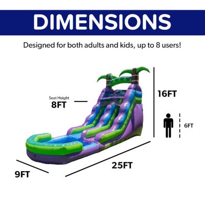 HeroKiddo 16  Purple Tropical Commercial Grade Water Slide Inflatable with Pool for Kids and Adults (with Blower), Wet Dry Use, Summer Fun
