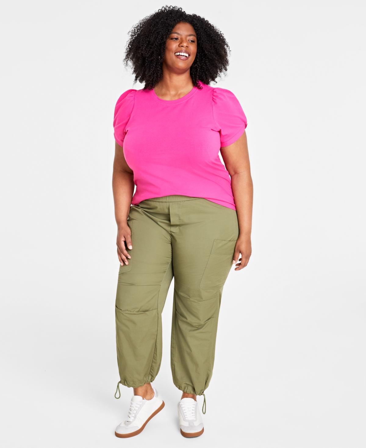 On 34th Trendy Plus Size Knot-detail Puff-sleeve Top, Created For Macy's In Fuchsia Purple