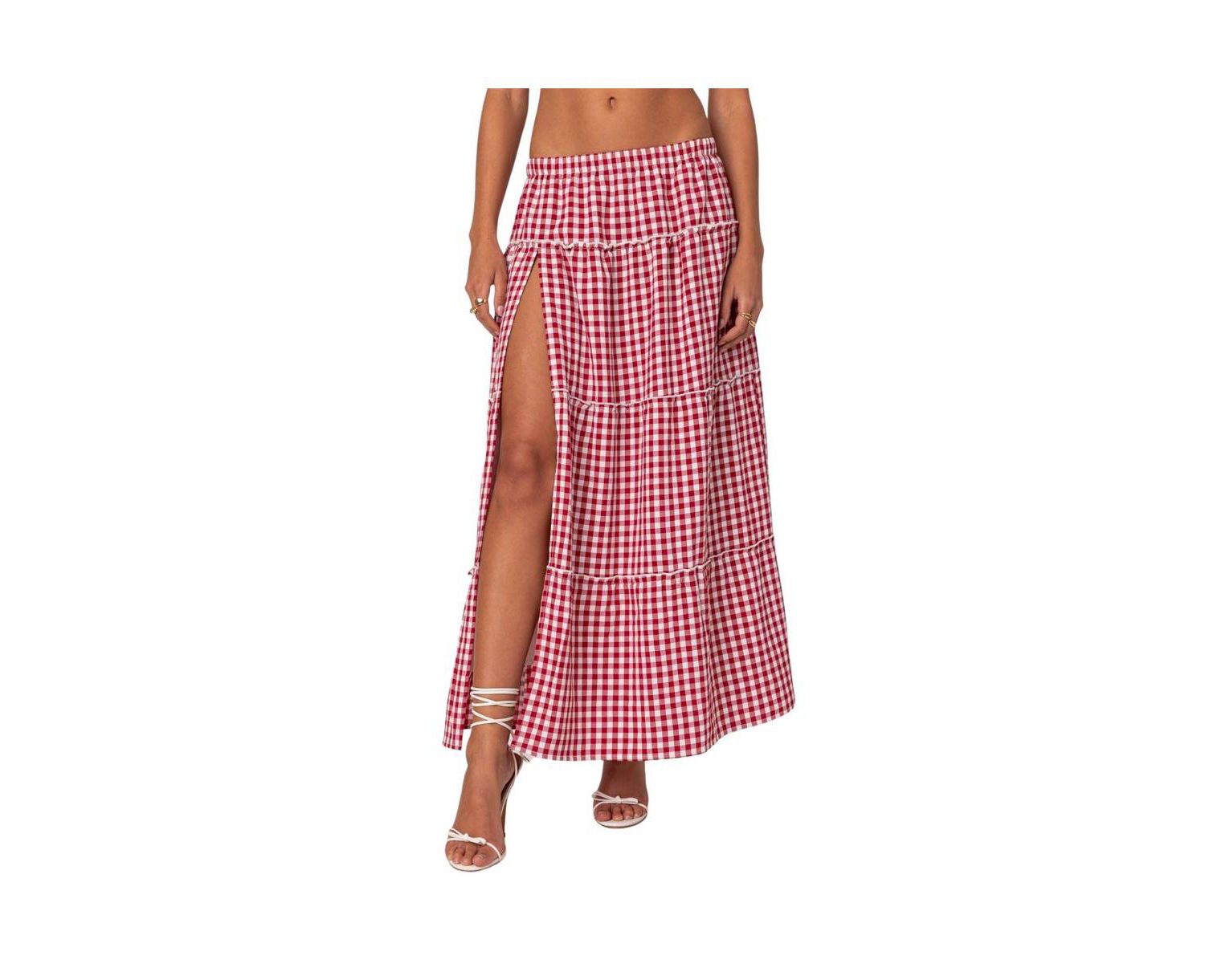 Women's Gingham Side Slit Tiered Maxi Skirt