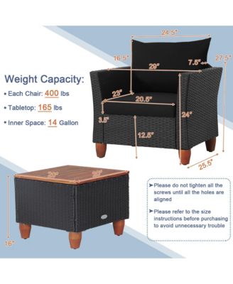 3PCS Patio Rattan Conversation Set Outdoor Furniture Set w/ Black Cushions