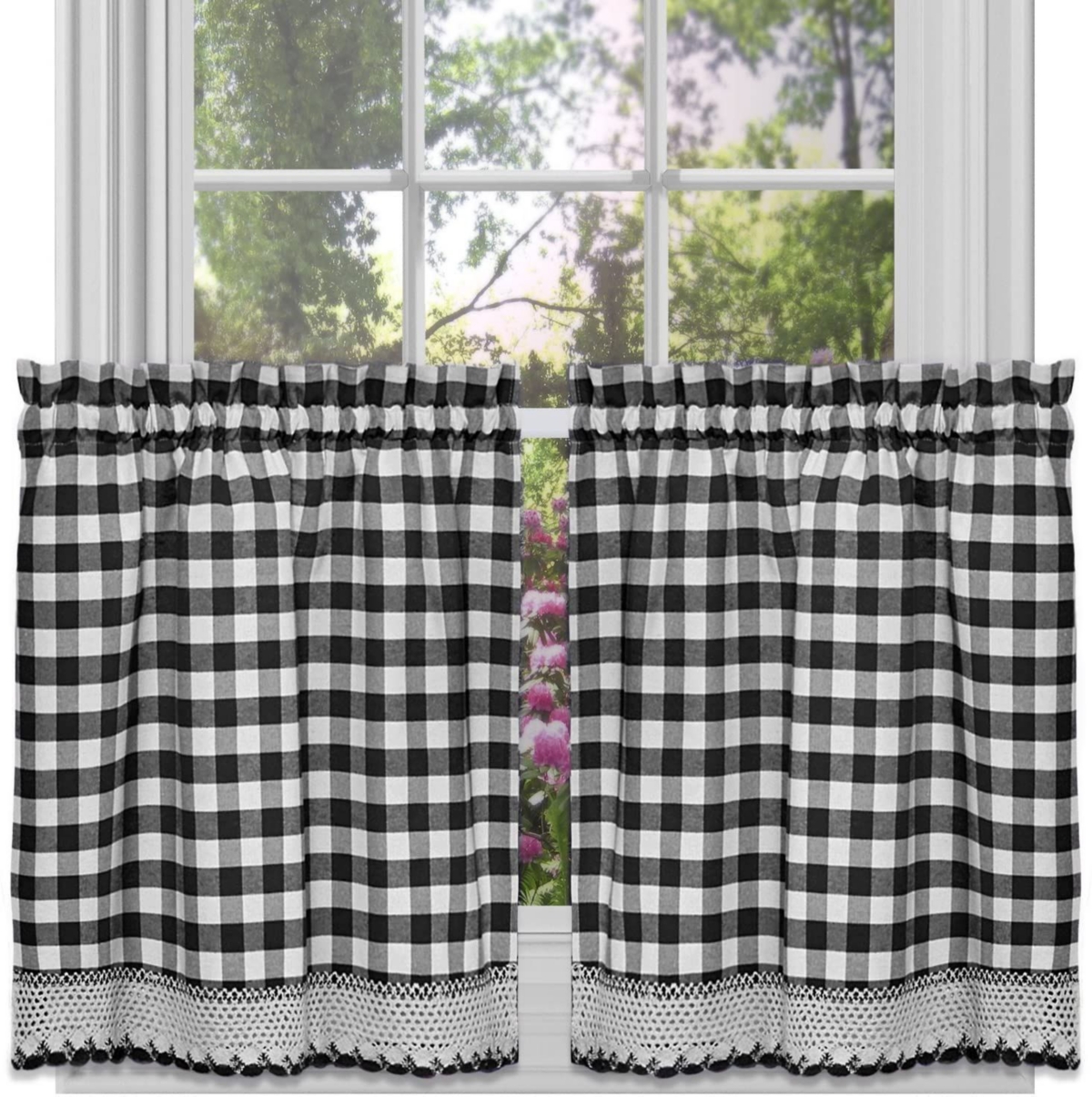 Kate Aurora Complete 3 Piece Country Farmhouse Plaid Gingham Black & White Buffalo Check Kitchen Curtain Tier & Valance Set