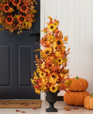 48"H Fall Lighted Maple Leaf and Sunflower Urn Porch Tree with Timer