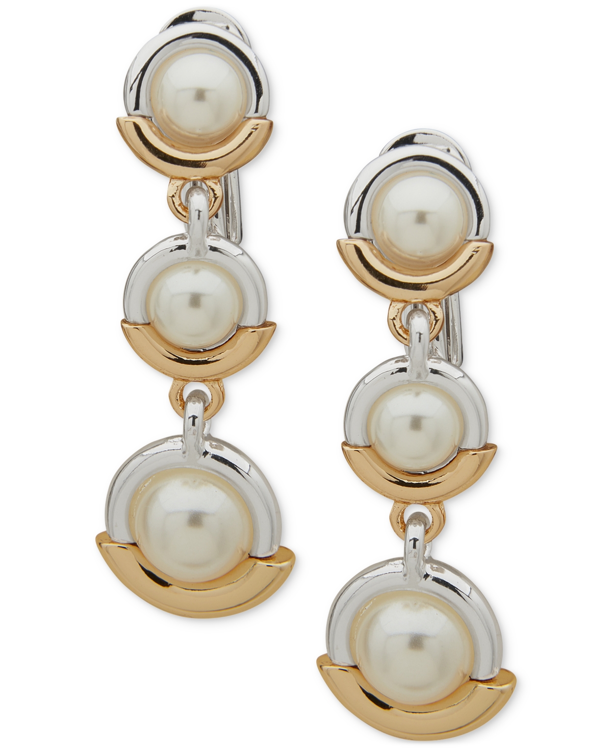 Two-Tone Imitation Pearl Ring Clip-On Triple Drop Earrings - Pearl