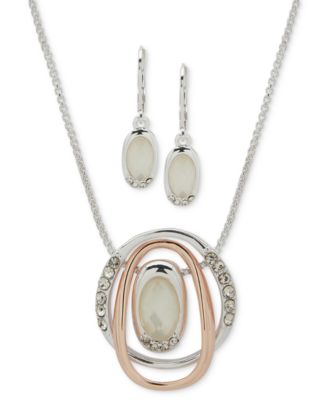 Anne Klein - Two-Tone Pav&eacute; & Stone Orbital Pendant Necklace & Drop Earrings Set