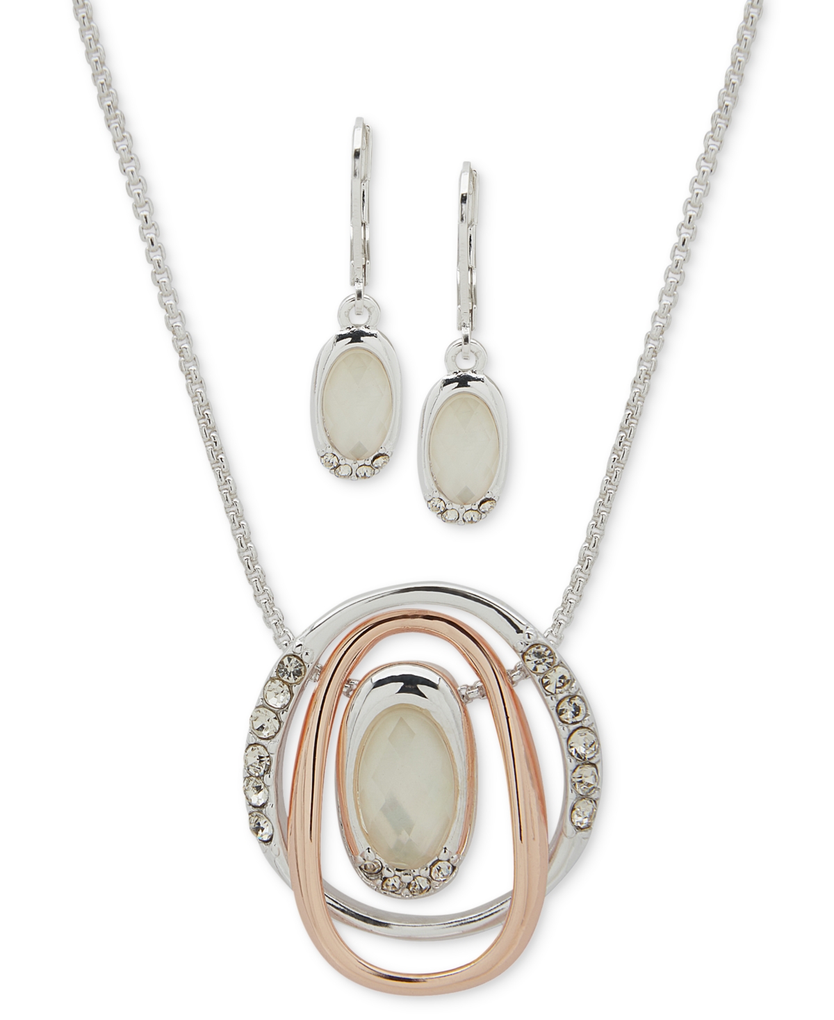 Two-Tone Pave & Stone Orbital Pendant Necklace & Drop Earrings Set - Crystal