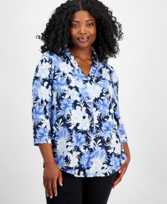 JM Collection - Plus Size Linear Garden V-Neck Top