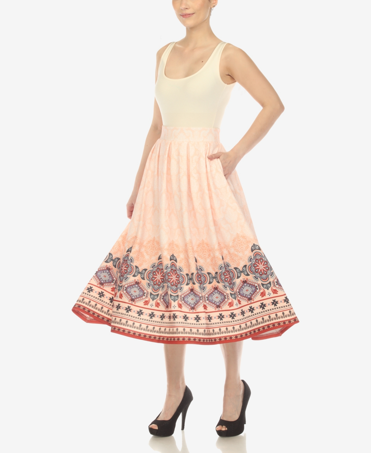 White Mark Plus Size Pleated Skirt With Border Print In Orange