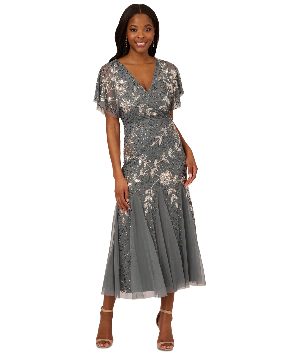 Women's Embellished Capelet-Sleeve Party Dress - Pewter Silver