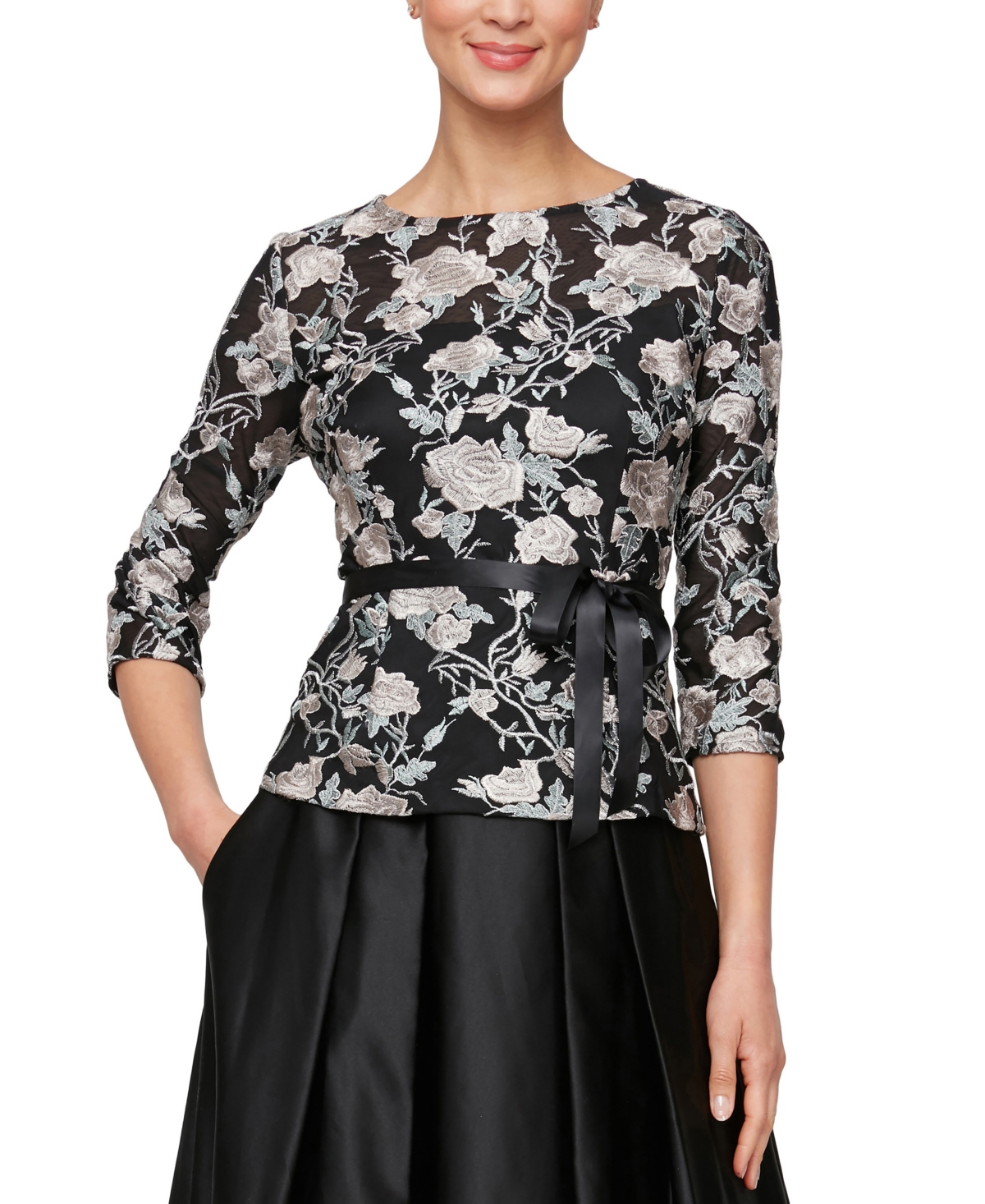 Women's Embroidered Floral Belted Blouse - Black Buff