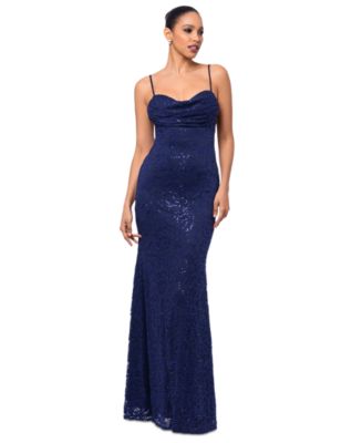 Betsy Adam Angel Long Sequin Lace Gown Navy 6