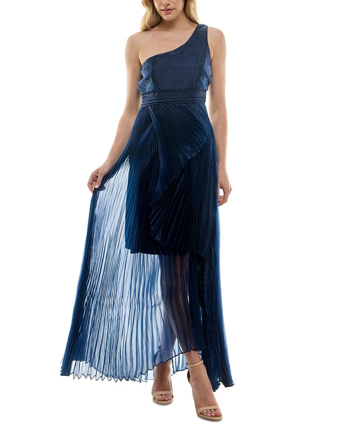 Blue Organza Ruffled Asymmetric Gown with Tail