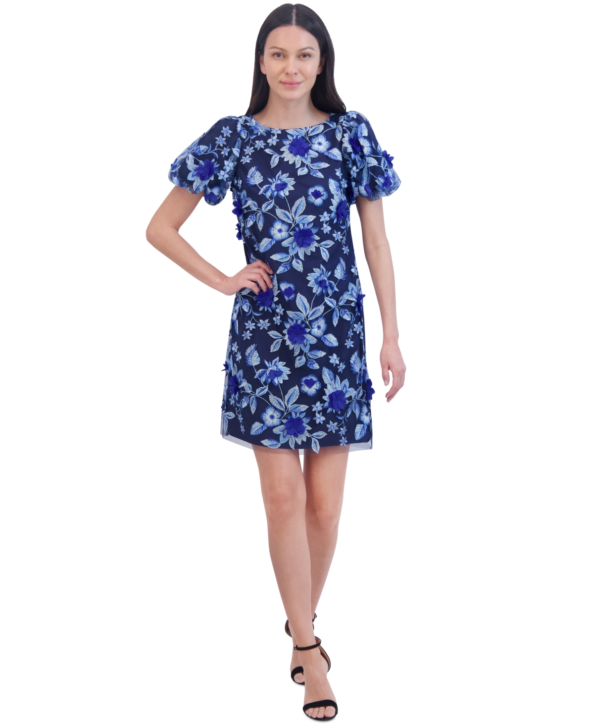 Eliza J Women's Floral Embroidered Puff-sleeve Sheath Dress In Navy Multi