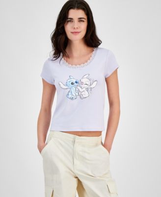 Disney - Juniors' Stitch & Angel Lace-Trim T-Shirt