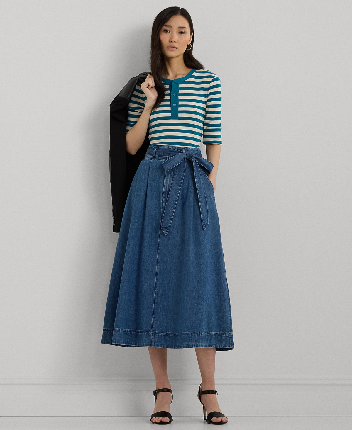Lauren Ralph Lauren Petite Striped Henley Tee -Mascarpone Cream