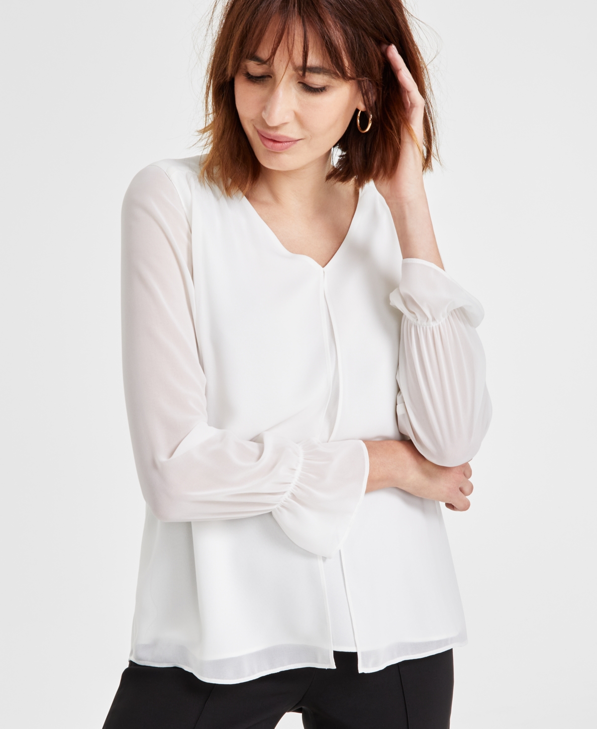 Kasper Women's V-Neck Double-Layer Long-Sleeve Blouse