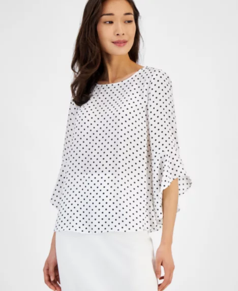 Petite Dot-Print Crewneck Ruffle-Sleeve Top - White/blac