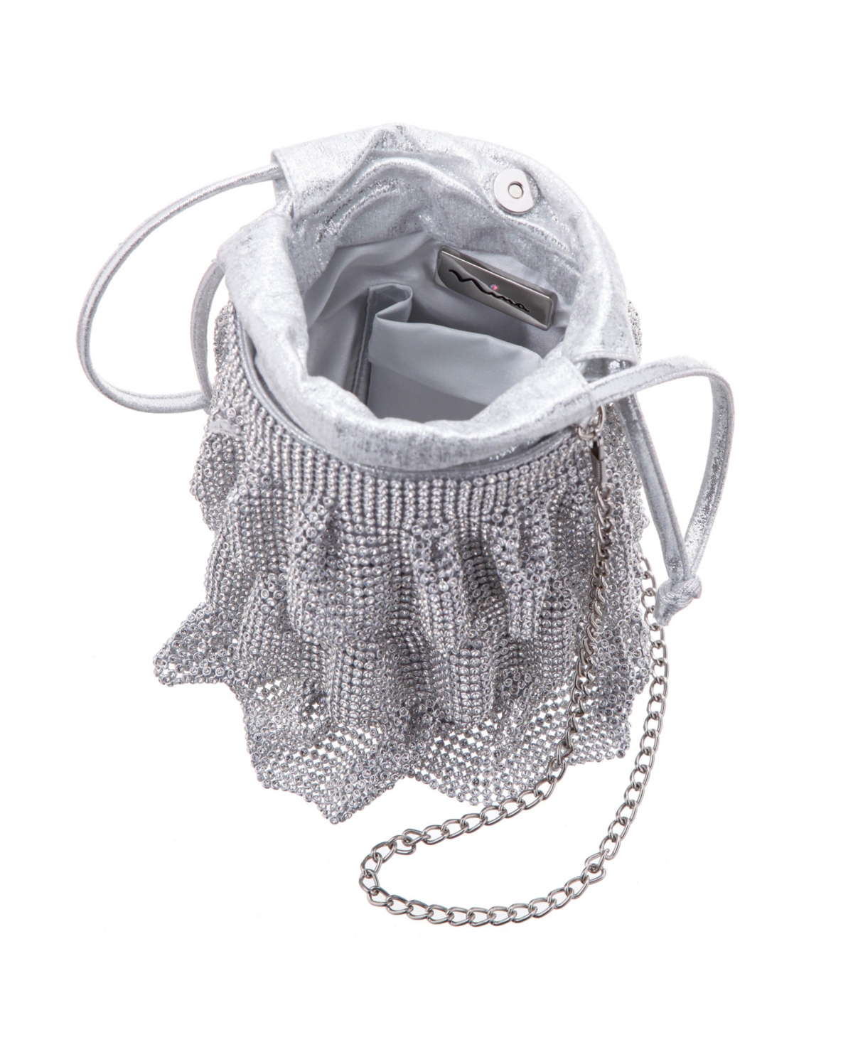 Shop Nina 4 Tired Crystal Mesh Pouch Bag In Silver