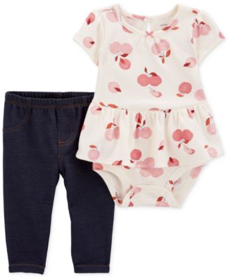 Carter's - Baby Girls 2-Pc. Apple-Print Peplum Bodysuit & Knit-Denim Pants Set