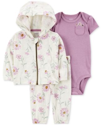 Baby Girls Cotton Floral Print Little Hooded Jacket Bodysuit Pants 3 Piece Set