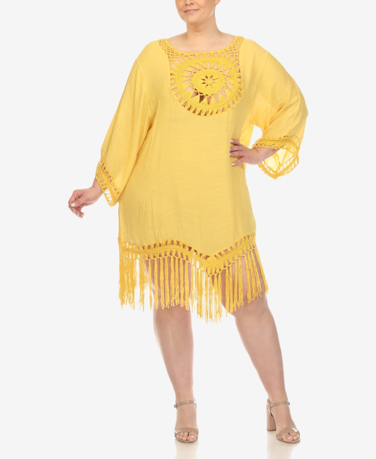 Shop White Mark Plus Size Crocheted Fringed Trim Cover Up Dress In Yellow