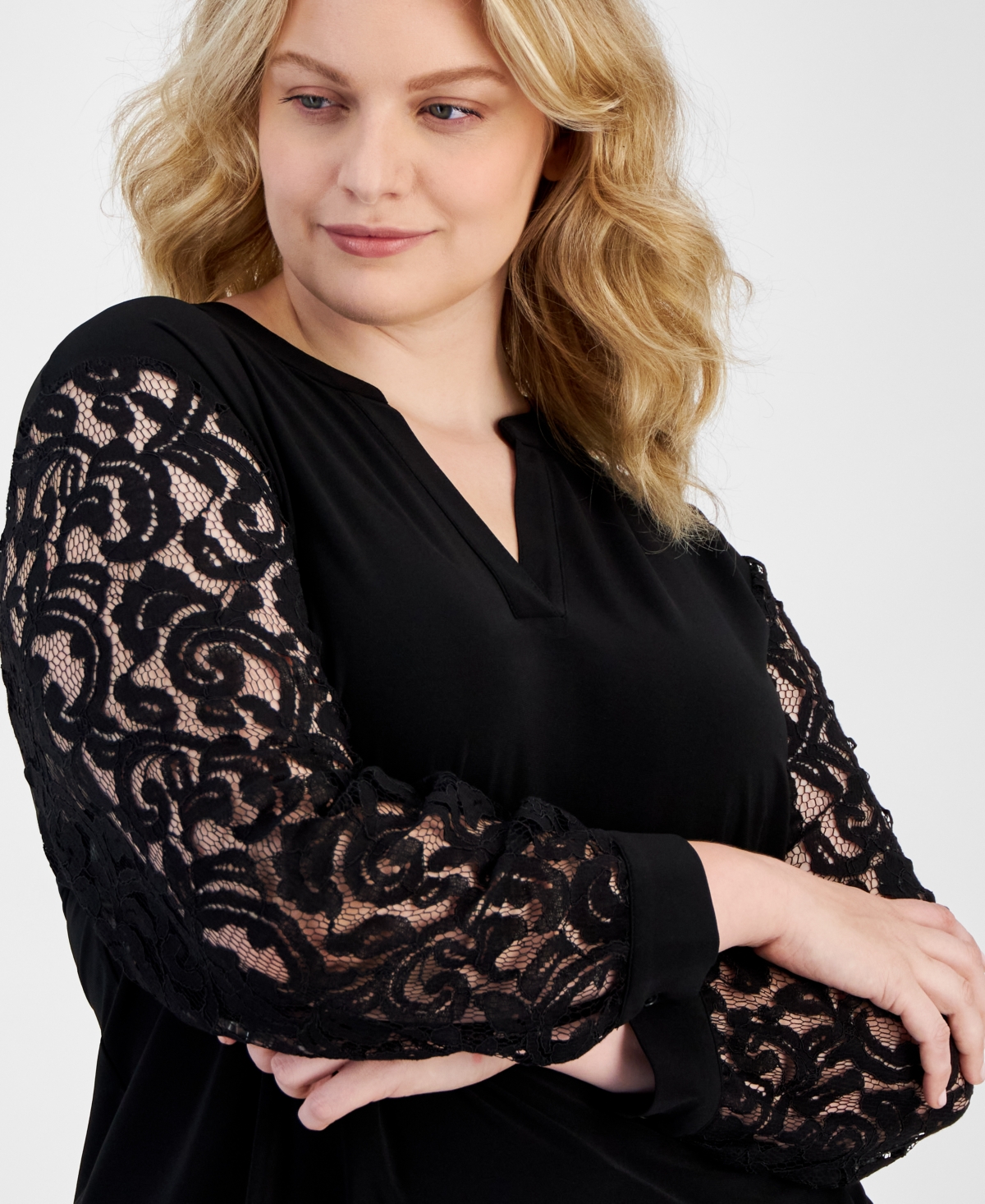 Kasper Plus Size Lace-Sleeve Split-Neck Top