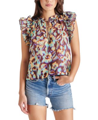 Style & Co Women's Ruffled Split Neck Top Blue Size S